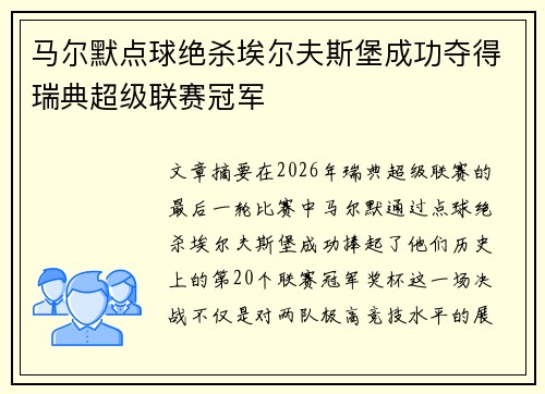 马尔默点球绝杀埃尔夫斯堡成功夺得瑞典超级联赛冠军
