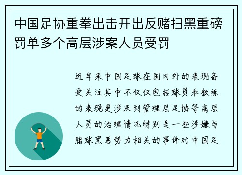 中国足协重拳出击开出反赌扫黑重磅罚单多个高层涉案人员受罚